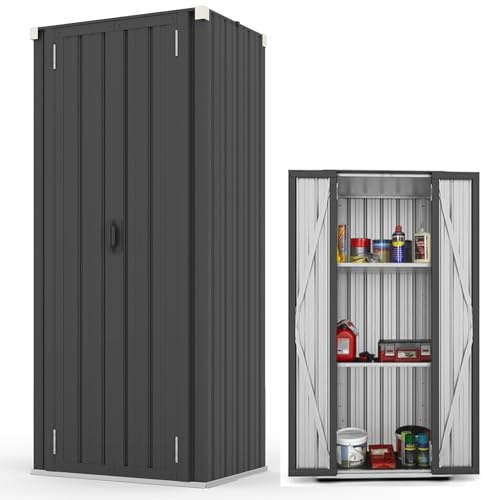 YODOLLA Abri de Jardin Métal, Armoire de Rangement Extérieure à 3 Niveaux, Étagères Réglables & Portes Verrouillables pour Jardin, Garage, Stockage d’Outils, 76 x 56 x 178 CM, Gris foncé