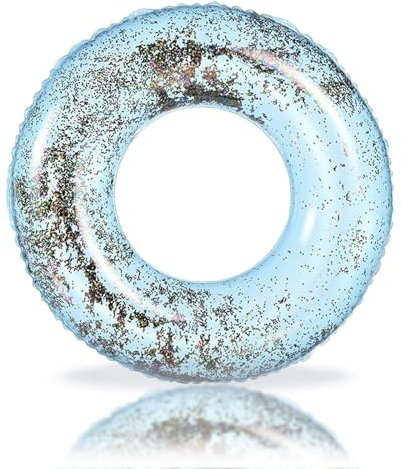 Anello gonfiabile con glitter blu chiaro, anello da nuoto con diametro di 90 cm, per bambini, adulti, adolescenti, in PVC, gonfiabile, per piscina, acqua, giochi all'aperto, accessori per feste