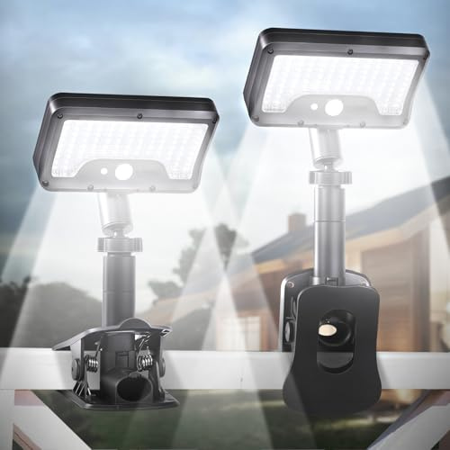 Clip On Solar Lights Outdoor with Motion Sensor, 360°Rotatable & Vertically Adjustable Solar Fence Lights with 92 LEDs (600 LM, 6000 K),IP65 waterproof Security light for deck, Gutter, Camping(2 Pack)