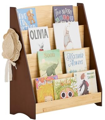 SoBuy Bibliothèque Enfant Rangement Jouet Enfant Bibliotheque Livre 4 Niveaux avec 2 Crochets Étagère à Livres Meuble de Rangement Chambre d'Eanfant Bureau Salon Naturel 91x30x89 cm KMB32-N