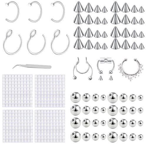 aieieii 78 Pcs Fake Piercings, Fake Nose Stud and Pseudo Eyebrow Piercings, Non Piercing Lip Piercing Kit, Fashion Body Jewellery Non Perforating for Daily Wear Party Looks and Cosplay