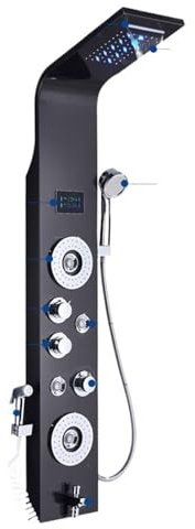 Sex funktioner svart nickel LED-duschpanel vattenfall duschpelare bubbeldusch badkar med bidékranar (svart 8006)