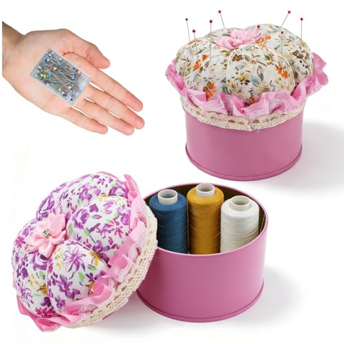 2 pièces broche coussin Box Kit avec 200 broches à coudre, coussin aiguille en forme de citrouille avec boîte de rangement, porte-aiguille à coudre Pincushion pour piquage bricolage couture (Pink)