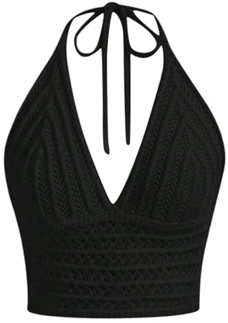 Générique Haut Court en Crochet à Lacets de Style Y2k pour Femme, Coupe ajustée, sans Manches, col en V, Dos Nu Femmes Crochet Tops Caracos Été Soutien-Gorge der