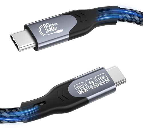Thunderbolt 5-kabel, USB-C till USB-C-kabel 1 m, PD 3.1 240 W, 80 Gbps, enkelriktad bandbredd upp till 120 Gbps, 16K/8K@60Hz video, kompatibel med bildskärmar/laptops/iPads/iPhones/MacBooks/SSD/eGPUs