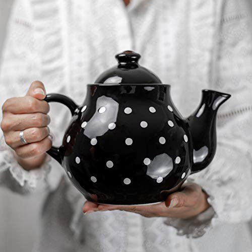 City to Cottage® - Teekanne für 4-6 Tassen | Schwarz und Weiß | Polka Dots | Handgemacht | Teekanne Keramik Geschirr | 1,7 Liter