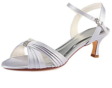 Emily Bridal Sandalias de Mujer con tacón de Aguja de satén talón de Seda Peep Toe con Cristal (EU40, Plata)