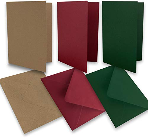 Set di 15 biglietti pieghevoli, formato DIN A6, 160 g/m², 220 g/m², forza, rosso scuro, verde scuro, con buste DIN C6, 80 g/m², 90 g/m², incollaggio a umido