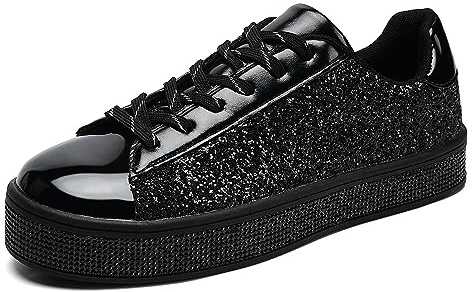 UUBARIS Zapatillas de tenis con purpurina para mujer, color neón, elegantes, brillantes, con diamantes de imitación, para boda, novia, zapatos de lentejuelas brillantes, negro con brillo, 38.5 EU