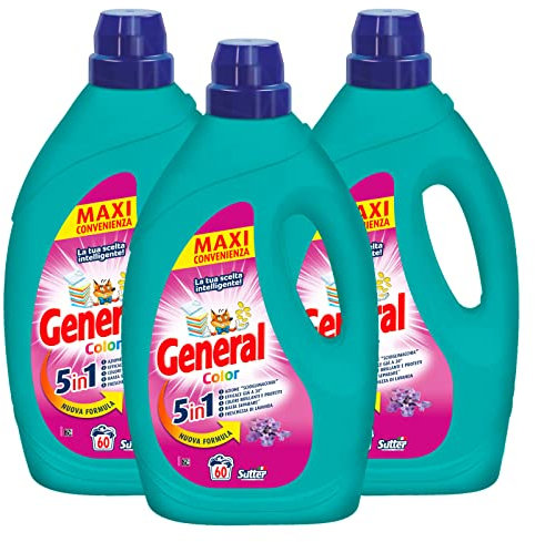 3x detersivo liquido General Color 5in1 per Lavatrice 60 Lavaggi - 3 Flaconi da 2,7L ognuno