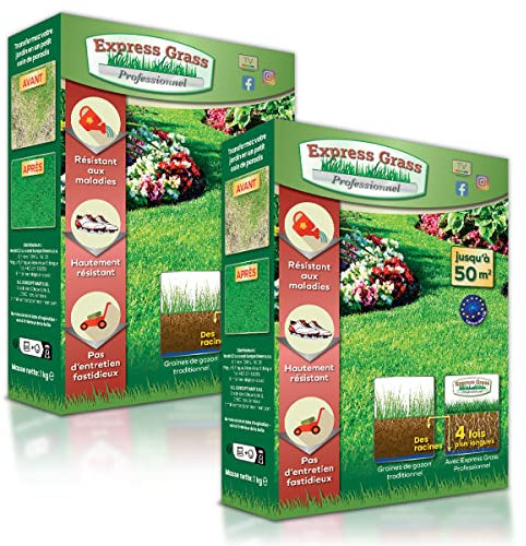 Gazon Express Professionnel - Fiable, résistant froid et chaleur - Germination ultra rapide et dense (10 jours) - Tout type de climat (2 boîtes 100M²)