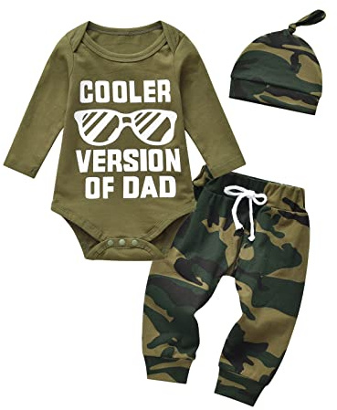 Conjunto de 3 piezas de ropa de bebé recién nacido de manga larga con pantalones largos de camuflaje + sombrero, verde, 0 mese
