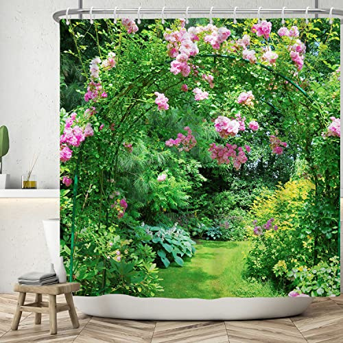 Bovlleetd Giardino Tenda da Doccia 183x213cm Paesaggio Estivo Pianta Verde Fiori Rosa Design Floreale Tendaggio, Impermeabile Lavabile in Poliestere Tende da Bagno con 12 Ganci per Vasca da Bagno