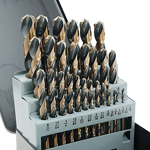 GMTOOLS 29Pcs Cobalt Drill Bit Set, 135 Degree Tip High Speed Steel with Black and Gold Finish, Stainless Steel, Plastic and Wood with Metal Indexed Storage Case 1/16-1/2
