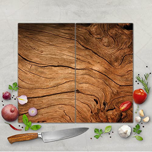 banjado Schneidebrett Glas mit Motiv Trockenes Holz - großes zweiteiliges Glasschneidebrett rechteckig 2 x 30 cm x 52 cm - auch verwendbar als Schneidebrett Herdabdeckung