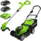 Greenworks Kabelloser Akku Rasenmäher+Akku Rasentrimmer 24V 25cm für Flächen bis zu 220 m², 41 cm Schnittbreite, 50-Liter-Sack Plus Zwei 2 x 24V (entspricht 48V) 2Ah Akkus & Doppelladegerät