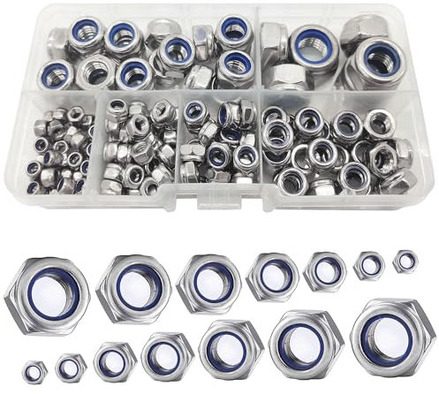 150 Stück M12/M10/M8/M6/M5/M4/M3 Hex Lock Muttern Edelstahl Nylon Insert Lock Mutter Sortiment Gewindeeinsätze Sechskantmutter Set Verschiedene Nylon Sicherungsmuttern (Silber)