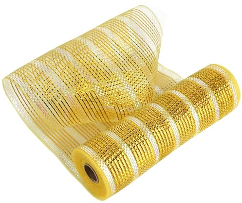 MEEDEE Gold Deco Mesh 10 Inch Deluxe Wide Foil & Iridescent Metallic Stripe Mesh Ribbon for Wreaths, Christmas Tree, Garland, Gift Wrapping, Bows Making (30 Feet)