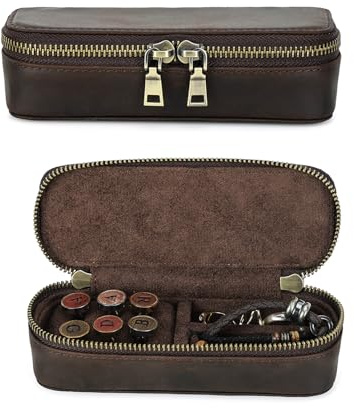 Hiram Boîte de rangement à bijoux vintage en cuir pour homme, fermeture éclair, étui à bijoux de voyage pour boutons de manchette, bagues, bracelets (café)