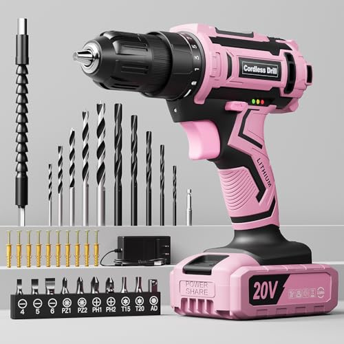 Pink Cordless Drill Set, VIWKO 20V Electric Power Drill for Women, Lightweight Electric Screwdriver Driver with Power Pack & Charger, 3/8 Keyless Chuck, Womens Tool Kit for House