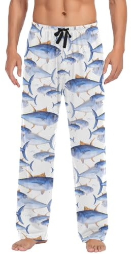 JHKKU Herrpyjamasbyxor mjuka bekväma blåfina tonfisk fiskar sömn loungebyxor pyjamasbyxor med fickor