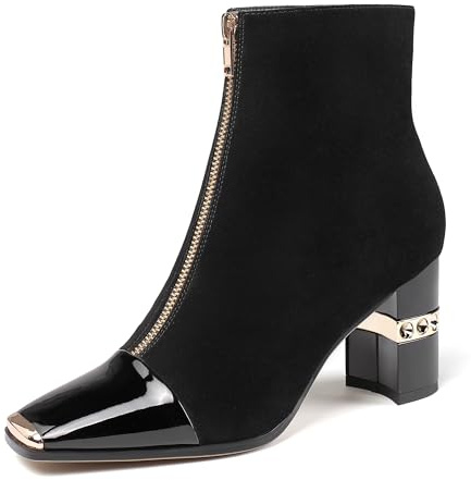 XINIUNIU Ankle Boots for Women Black Booties Block Chunky Heeled Metal Square Toe Suede Front Zipper 3 Inch Dressy Short Boot Size 7.5