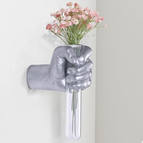 XYQXYQ Silvriga väggskulpturer, handvaser heminredning, väggmonterad konstskulptur, unik väggkonststaty, funky blomvas dekorationer, modern eklektisk hängande dekor, glasprovrör vas (silver)