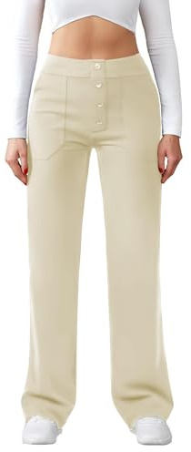 Friptspyg byxor dam hög midja breda byxor knapp raka ben byxor casual arbete byxor stretch yogabyxor med fickor, kaki, XS
