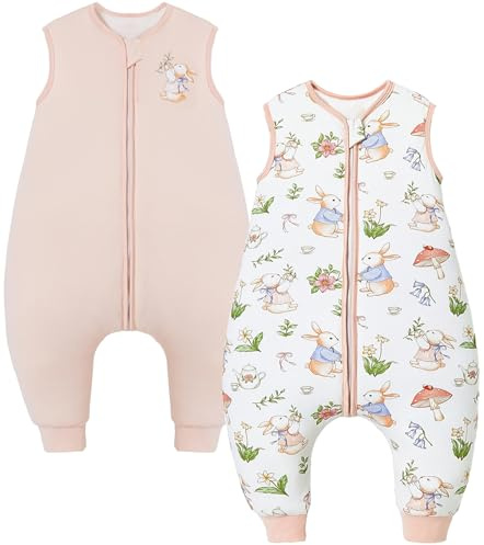 Chilsuessy Lot de 2 gigoteuses pour bébé avec pieds - 2,5 tog - Gigoteuse d'hiver pour bébé avec jambes - Housse de couchage pour garçons et filles - 2,5 tog - Rose + jardin de lapin, 70 cm, taille du
