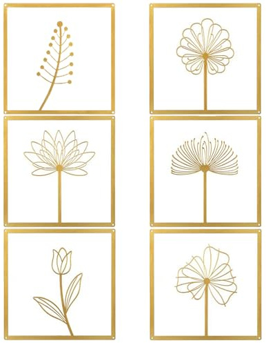 YunBey 6 piezas de decoración mural de metal dorado con diseños florales – Arte mural minimalista para salón, decoración moderna para dormitorio, colgantes murales de estilo nórdico