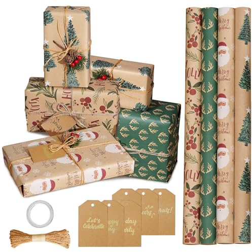 4 Rollos Papel Regalo Navidad Kraft, 43cm X 3m Papel Regalo Navidad Rollo Grande Con Etiquetas, Rollo Papel Regalo Navidada Con 1 Cuerda De Yute, Rollo Papel De Regalo, Wrapping Paper Christmas