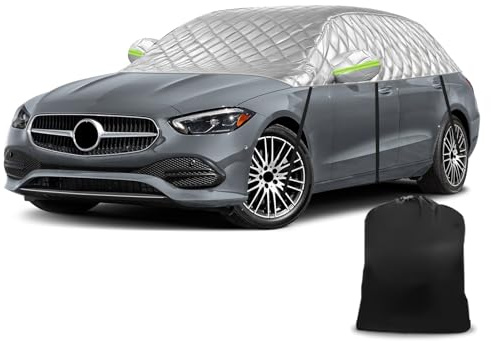 Hagelfilt halvgarage kompatibel med Mercedes-Benz C-klass 2015–2023, snöskydd halvt bilskydd 6 lager tjockt halvskydd vattentätt med vindtät rem reflekterande ränder