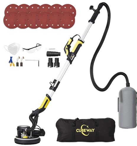 CUBEWAY Drywall Sander, 750W 6.5A Wall Sanders with Vacuum Dust Collection, 7 Variable Speed, LED Light, with 12pcs Sanding Discs, Foldable Extendable Electric Sander for Walls Popcorn Ceiling