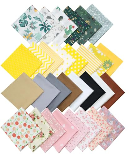 Quilting Fabric Bundle, 30 Pcs 100% Cotton 25 x 25 cm Fabric Squares, Precut Patchwork Squares for Sewing, Quilt Making, DIY Crafts, 8 Solid+22 Assorted Floral Prints (8 Pink + 8 Yellow + 6 Green)