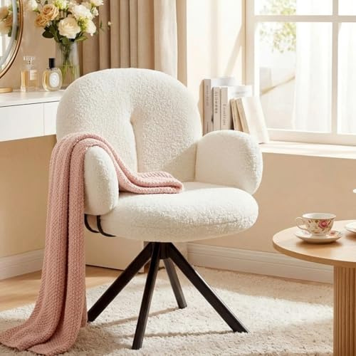 Hellove Cute Chaise Coiffeuse en Sherpa, Fauteuil Salon Confortable Pivotant à 360° avec Pieds en Métal, Petit Fauteuil avec Accoudoirs pour Chambre, Moderne Chaise de Salon, Blanc