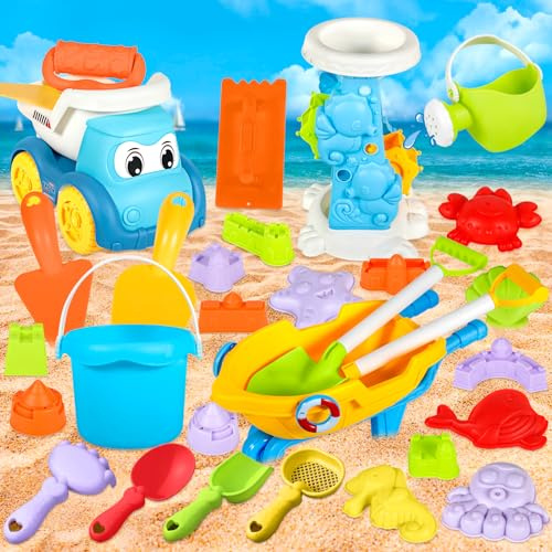 TZPAUG 30 Piezas Juguetes de Playa para Niños con Cubo,Moldes de Arena, Rueda de Agua, Palas y Bolsa de Malla, Uguetes de Playa para Niños,Juguetes de Playa para Niñas Niños 3 4 5 6 7 Años