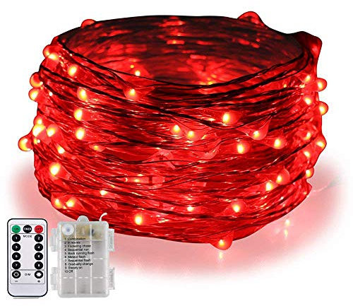BOLWEO 5M/16.4Ft 50LEDs Battery Operated LED String Lights,Remote/Dimmable/Timer,Waterproof Copper Wire Fairy Lights for Indoor Outdoor Party Wedding Christmas Halloween Valentines Day Decoration,Red