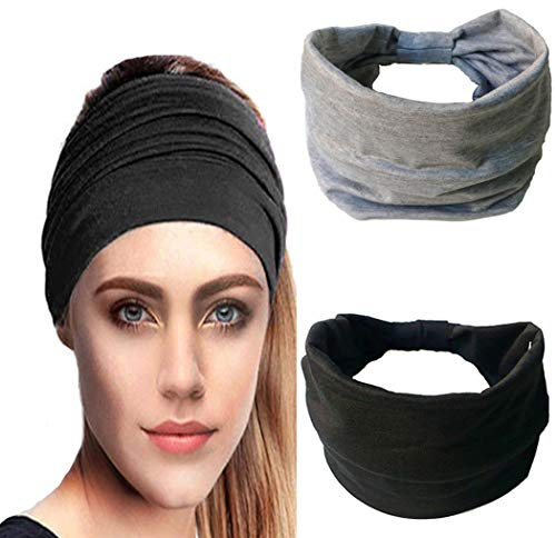IYOU Diademas anchas para mujer Bandas de pelo anudado Banda de sudor negro Diadema de algodón para mujeres y niñas (paquete de 2)