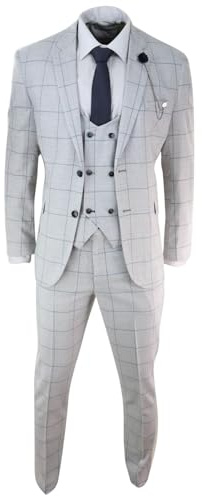 Mens Light Grey Check 3 Piece Suit Double Breasted Waoistcoat Tailored Fit