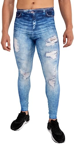 Kapow Meggings Men’s Jeggings, Denim-Look 4-Way Stretch Skinny Jean Style Leggings for Streetwear, Travel, Concerts, Festivals & Everyday Wear
