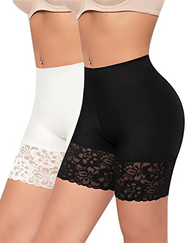 Werena Slip Shorts for Under Dresses Women Anti Chafing Underwear Seamless Boyshorts Panties Lace Under Shorts (#2 Black+white,XXX-Large)