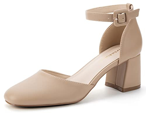 Greatonu Damer, bandrem, pumps, blockklack, pumps damer, höga klackpumps med korsrem och stängd spets – perfekt för bröllop och fester, PU naken, 37 EU