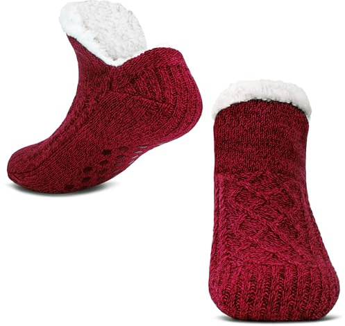 Tolumo Slipper Socks for Women Men Warm Holding Sock Non Slip Knitted Thick Lined Cosy Winter Fluffy Bed Slippers Suitable for Indoor Home House Floor Red