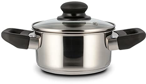 Level One Topf Kochtopf Fleischtopf 14 cm Induktion, Edelstahl unbeschichtet inkl. Glasdeckel | 7 cm hoher Rand, 0,75 Liter Volumen | spülmaschinengeeignet, für alle Herdarten geeignet