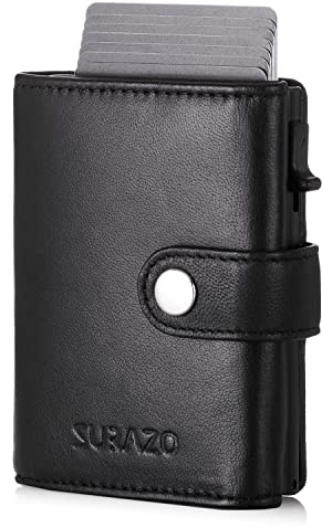 SURAZO® Kreditkortsfodral i äkta läder med myntfack | smal plånbok med kortfack | POP-UP-kortfodral RFID NFC skydd | kortfodral i miniläder | liten korthållare för män kvinnor (svart), svart,