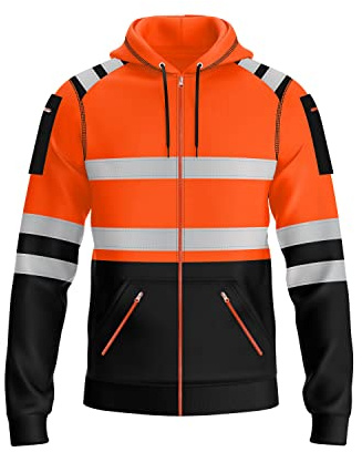 trending babz Veste sweat à capuche haute visibilité pour homme avec fermeture éclair, bandes réfléchissantes, haute visibilité, multi-poches zippées, jaune orange, Orange et noir., M