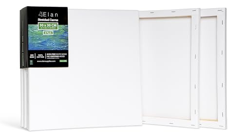 Elan Stretched Canvases 30x30 CM, 6-Pack Artist Canvas for Painting 280 GSM | Triple Primed Painting Canvas 280 GSM, Acid-free, Made From 100% Natural Cotton Fiber, Ideal for Acrylic & Gouache Painting