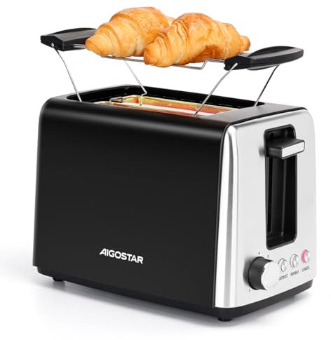 Aigostar 2 Slice Toaster with Warming Rack, 750W Low Wattage Black Toaster, 7 Variable Browning Settings, Defrost Reheat Cancel Functions, Auto Shut-Off, BPA Free - Delish 30A3Y