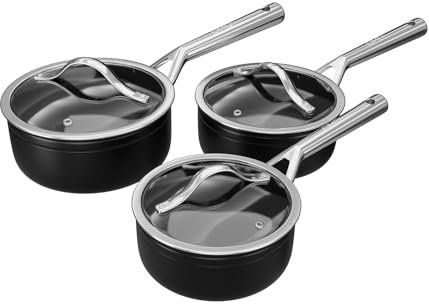 DMD Collective – 3 Piece Saucepan Set with 16/18/20cm Saucepans with Tempered Glass Lids, Steel Handles Suitable for Induction, Gas, Electric Hobs & Oven Safe PTFE Free