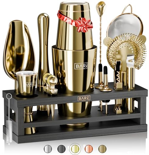 BARE BARREL® Kit de fabrication de cocktails | Kit de barman 16 pièces | Présentoir en bambou et 35 cartes de recettes | Coffret cadeau Mixology Cocktail (800 ml, shaker Boston, doré/noir)